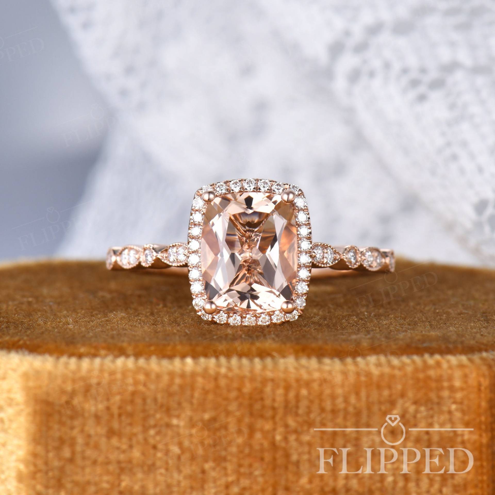 Rechteckkissen Morganit Verlobungsring Rosegold 2Ct Peachy Goldring Halo Diamant Art Deco Halbe Ewigkeit Ehering von ArtlandUS