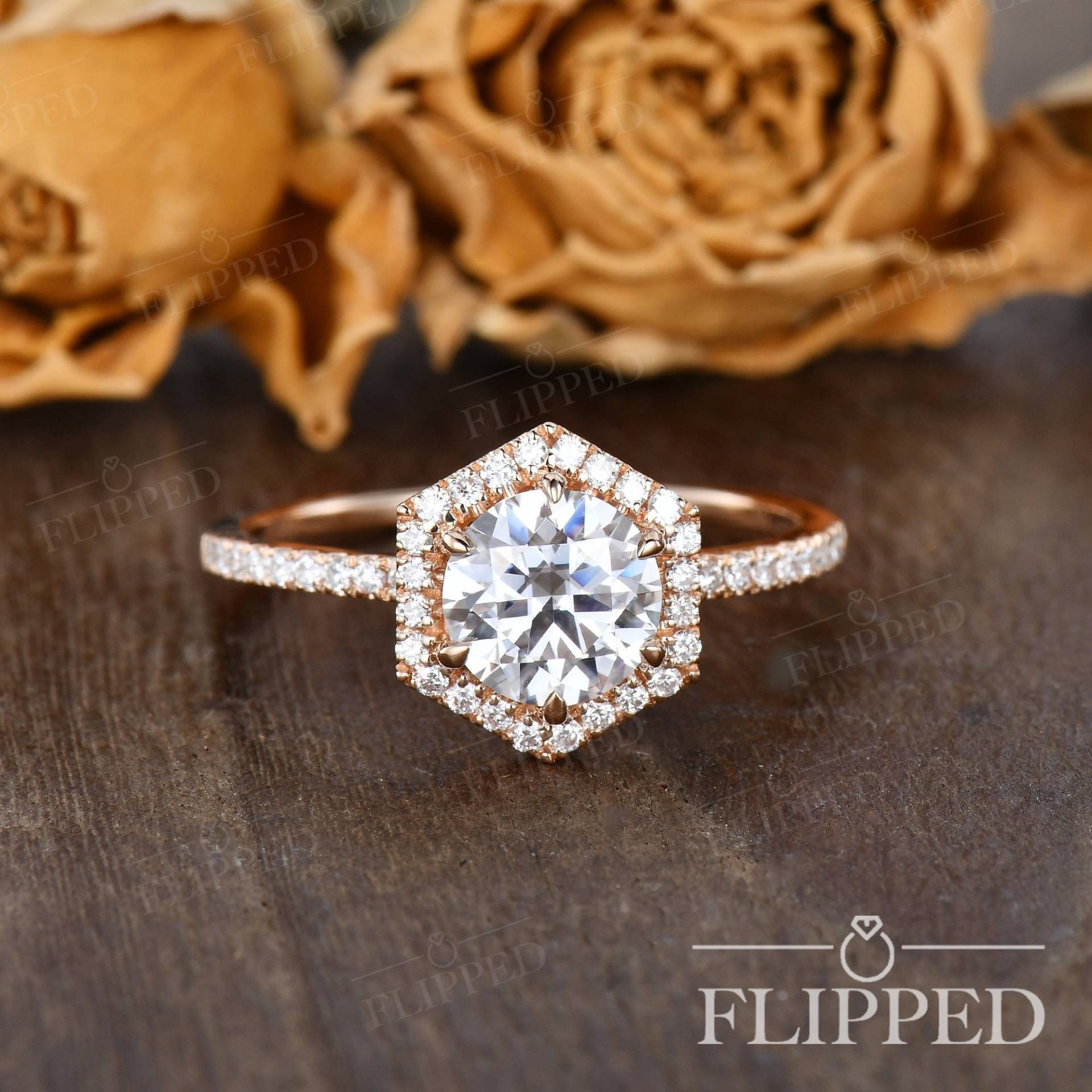 Rose Gold Rundschliff Moissanite Verlobungsring Hexagon Hal Diamondo Ring Einzigartige Halbe Ewigkeit Ehering Zarte Zierliche Brautring Frau von ArtlandUS