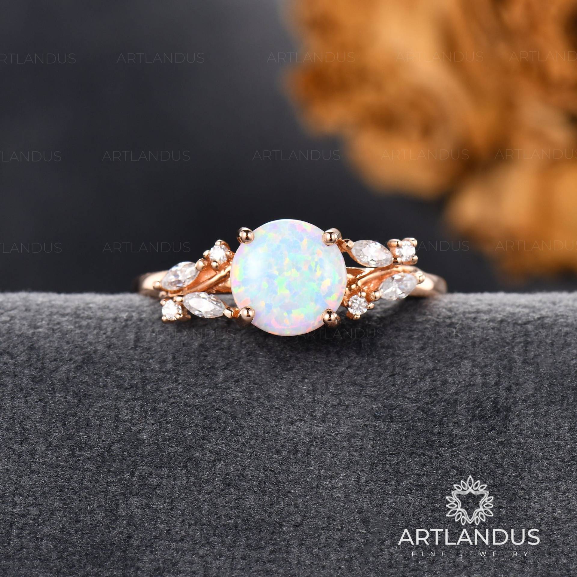 Weißer Opal Verlobungsring Cabochon Lab Ring Rose Gold Diamant Cluster Oktober Geburtsstein Geschenk Für Frauen Rebe Blatt von ArtlandUS