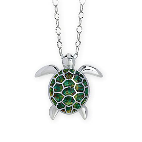 Artlinea rhodinierte 925er Sterlingsilber Halskette mit Schildkröten-Anhänger, handbemalt mit grüner Emaille, mittlere Größe, Karabinerverschluss, Made in Italy von Artlinea