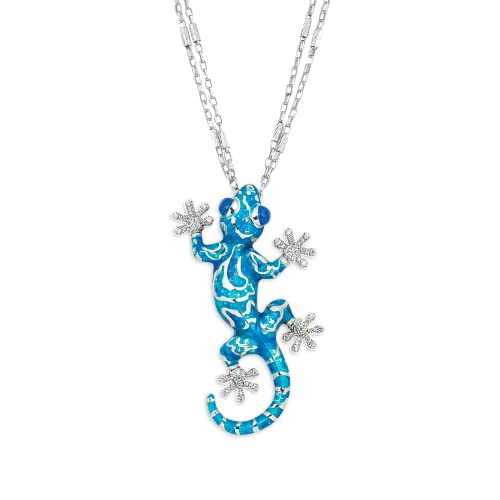 Artlinea rhodinierte Sterlingsilber Halskette mit Gecko-Anhänger, handbemalt mit blauer Emaille, mit Zirkonia und blauem Achat, kleine Größe, Karabinerverschluss, Made in Italy von Artlinea