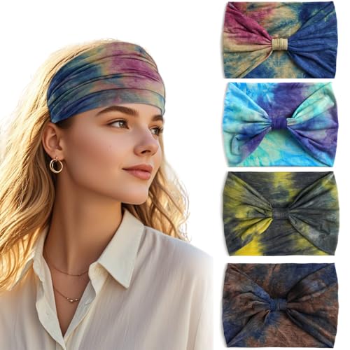 Batik-Stirnbänder für Damen, breite Yoga-Haarbandanas mit rutschfestem Griff, Boho-Druck, Haarschal für Sport, Schweiß-Stirnband für Yoga, Laufen, Fitnessstudio, 4 Stück von Artomnivera