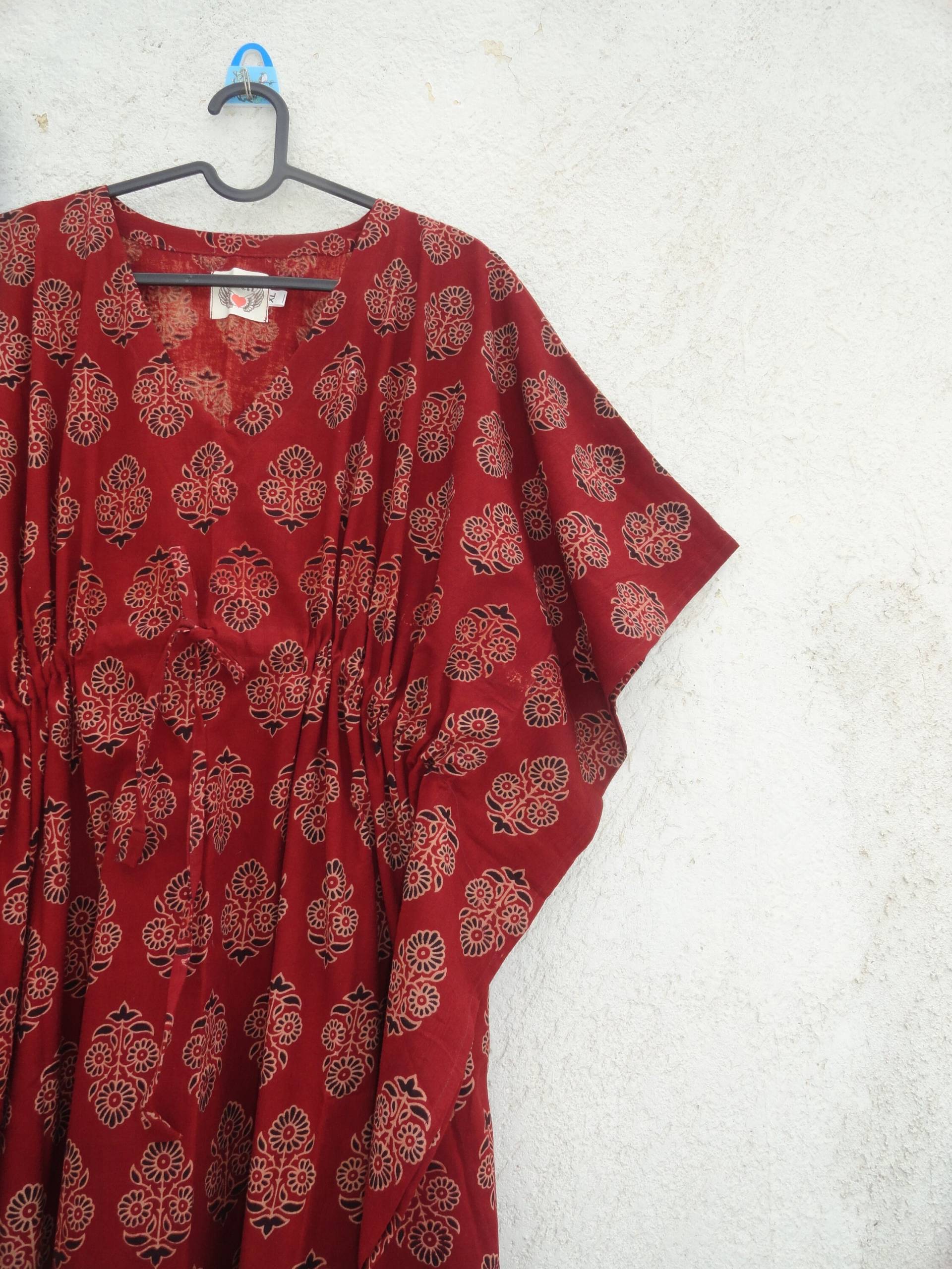 Kaftan Baumwolle Lang Strandwear Rot Batik Maxi Kleid Loungewear Block Print Handmade Abaya von Artprintandpainting