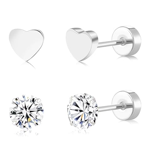Artskin 2Pairs flache zurück Ohrringe für Frauen Titan CZ & Herz flach zurück Ohrringe Ohrstecker Flatback Ohrstecker für mehrere durchbohrt Ohren Hypoallergen Ohrring für empfindliche Ohren (Silver) von Artskin