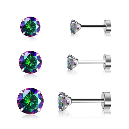 Artskin 3 Paare Titan Cubuic Zirkonia Ohrstecker für Frauen Männer CZ Ohrring Ohrstecker Hypoallergen Flach zurück Ohrringe Silber Mädchen Knorpel Ohrring Set 3mm-5mm von Artskin