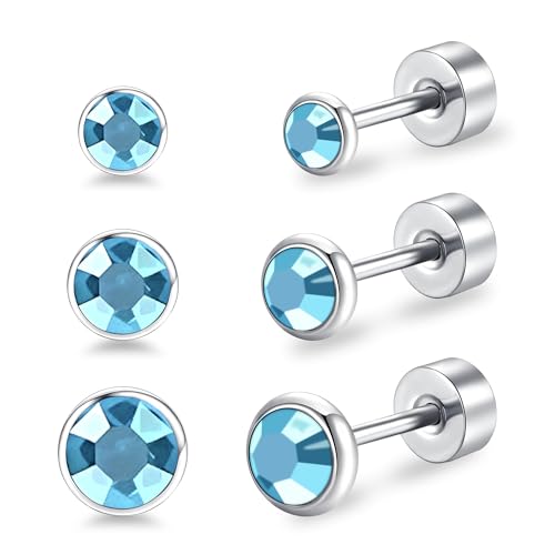 Artskin Damen Ohrstecker Titan Mädchen Frauen Flatback Ohrringe Hypoallergen Kristall Herren Ohrringe Silber Knorpel Ohrring 3mm/4mm/5mm (Aquamarine) von Artskin