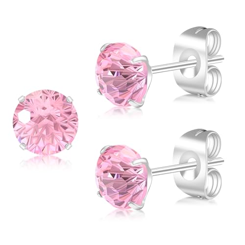 Artskin G23 Titanium Cubic Zirkonia Ohrstecker für Frauen Männer Ohrringe CZ Runde Schnitt simulierte Diamant 6mm Hypoallergen Silber Ohrringe für empfindliche Ohren (Pink CZ, 6MM) von Artskin