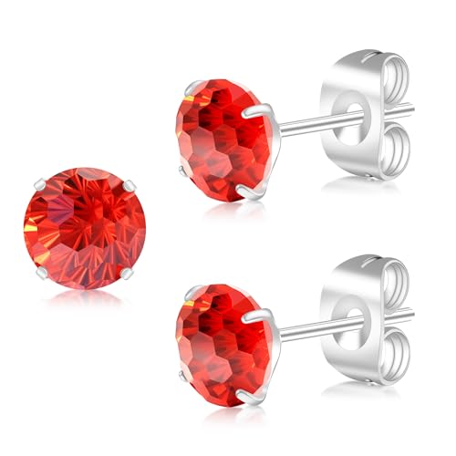 Artskin G23 Titanium Cubic Zirkonia Ohrstecker für Frauen Männer Ohrringe CZ Runde Schnitt simulierte Diamant 6mm Hypoallergen Silber Ohrringe für empfindliche Ohren (Red CZ, 6MM) von Artskin