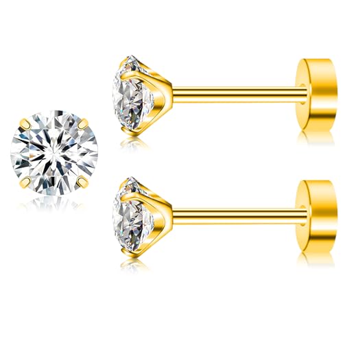 Artskin Titan Cubuic Zirkonia Ohrstecker für Frauen Männer CZ Ohrring hypoallergen flach zurück Mädchen Ohrring Set für Knorpel (Gold, 4MM) von Artskin