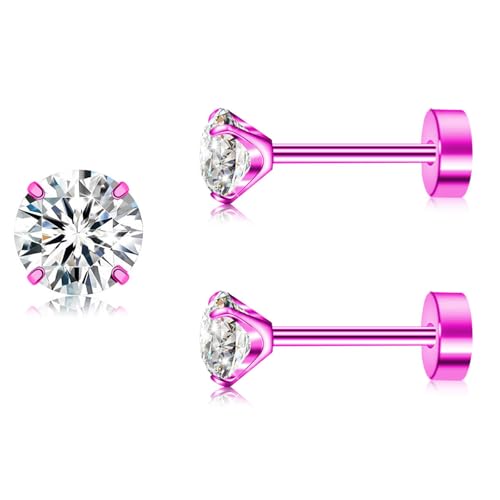 Artskin Titan Cubuic Zirkonia Ohrstecker für Frauen Männer CZ Ohrring hypoallergen flach zurück Mädchen Ohrring Set für Knorpel (Pink, 3MM) von Artskin