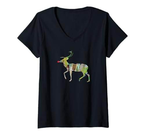 Damen Buntes Rentier, schöne gemischte Medien, Collage, Kunst, einzigartig T-Shirt mit V-Ausschnitt Damen Buntes Rentier, schöne gemischte Medien, Collage, Kunst, einzigartig T-Shirt mit V-Ausschnitt von Artsy Crafty Design Co