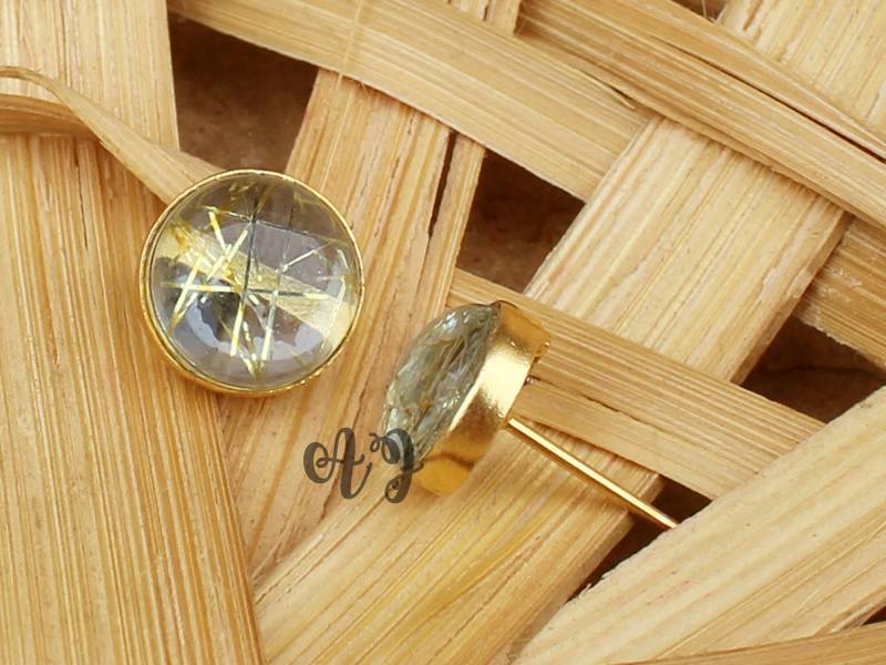 Goldene Rutil Hydro Quarz Runde Cabochon 925 Sterling Silber Vergoldet Glatte Oberfläche Ohrstecker-Goldene Ohrring von ArtsyjewelsForyou