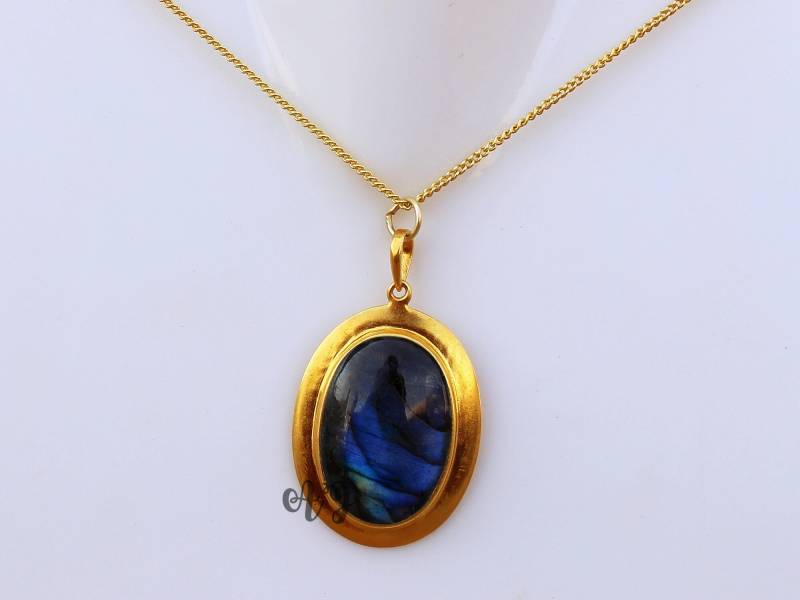 Natürliche Labradorit 16x20mm Oval Cabochon 925 Sterling Silber Vergoldet Lünette Anhänger Kette Halskette-Blaue Blitz Halskette. Blaue Edelsteine von ArtsyjewelsForyou