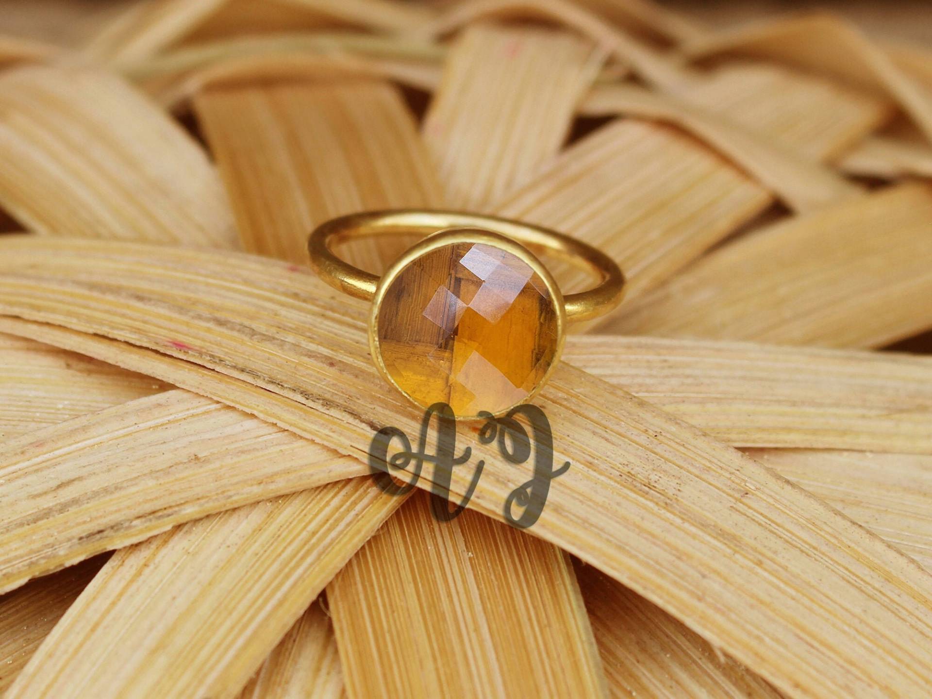 Orange Citrin Hydro Quarz 10mm Rund Checker Cut 925 Sterling Silber Lünette Einstellung Vergoldeter Ring-Schöner Ring Orang von ArtsyjewelsForyou