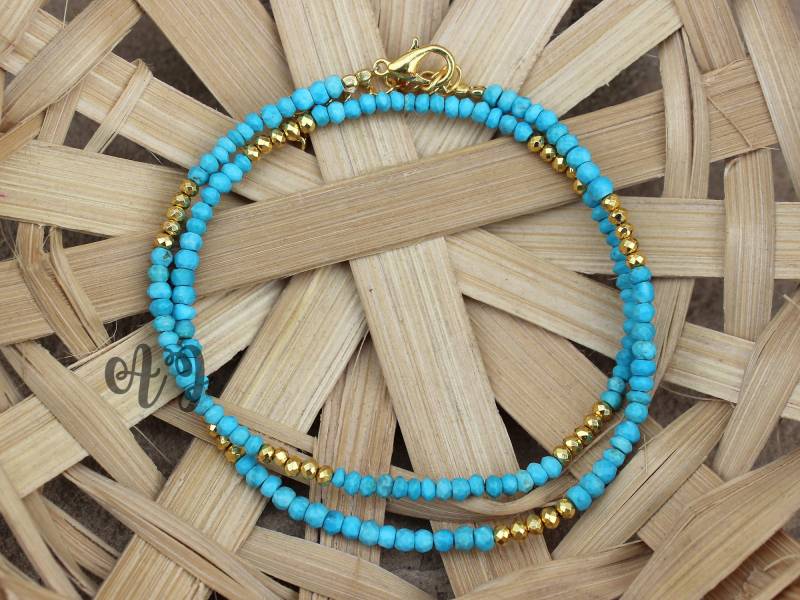 Schöne Türkis & Goldene Pyrit 3-4mm Roundel Facettierte Perlen Vergoldete Halskette-Blauer Edelstein Zierliche Halskette Aj Schmuck von ArtsyjewelsForyou
