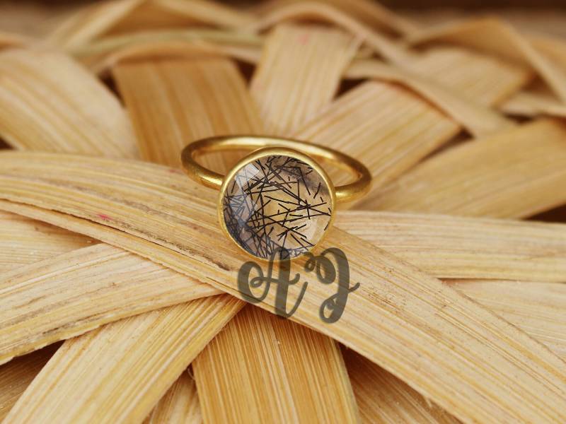 Schwarz Rutilquarz 10mm Rund Checker Cut 925 Sterling Silber Lünette Einstellung Vergoldet Ring-Schwarz Ring von ArtsyjewelsForyou