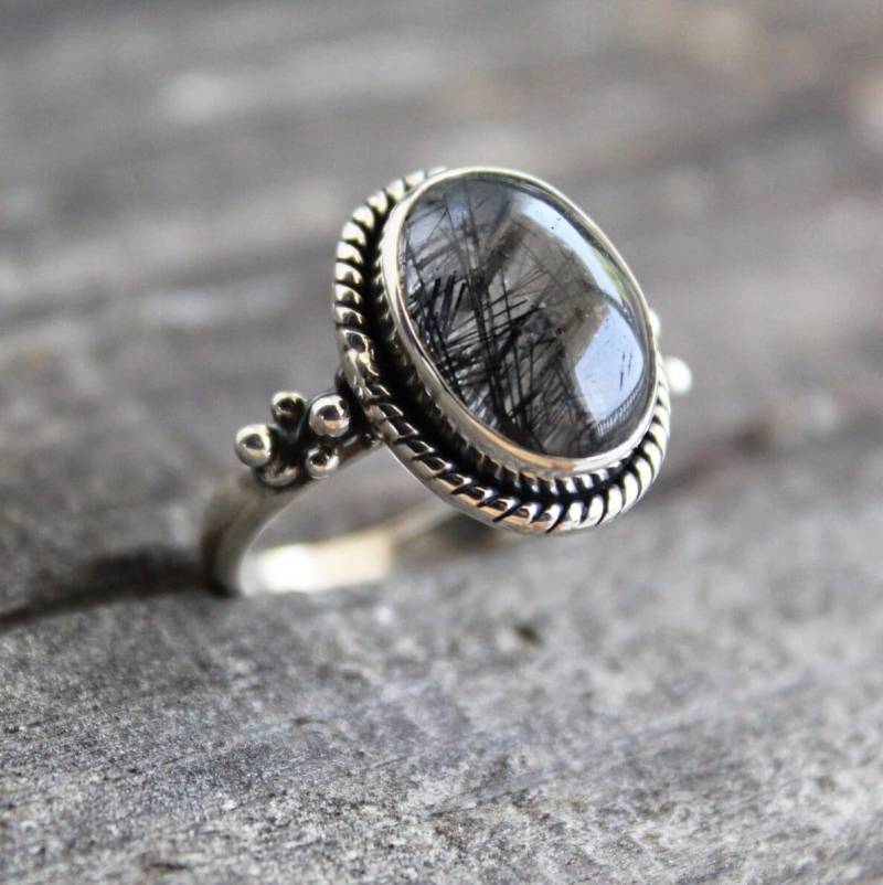 Rutilquarz-Ring, Schwarzer Rutil-Ring, Turmalin-Quarz-Ring, Rutilquarz-Schmuck von ArtsysilverCrafts