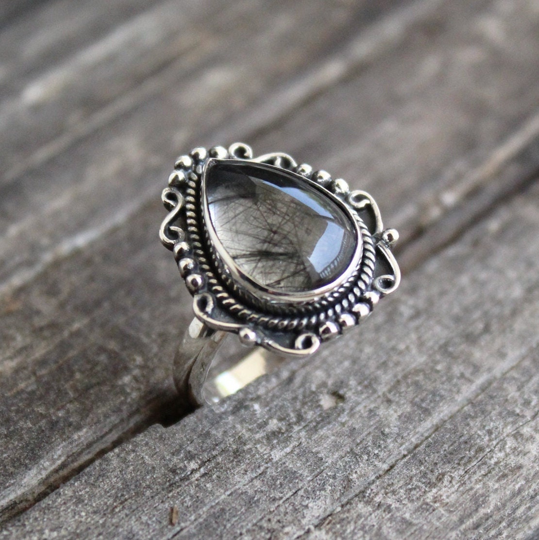 Rutilquarz-Ring, Turmalat-Quarz-Ring, Schwarzer Ring, Rutil-Ring, Rutilquarz-Schmuck von ArtsysilverCrafts