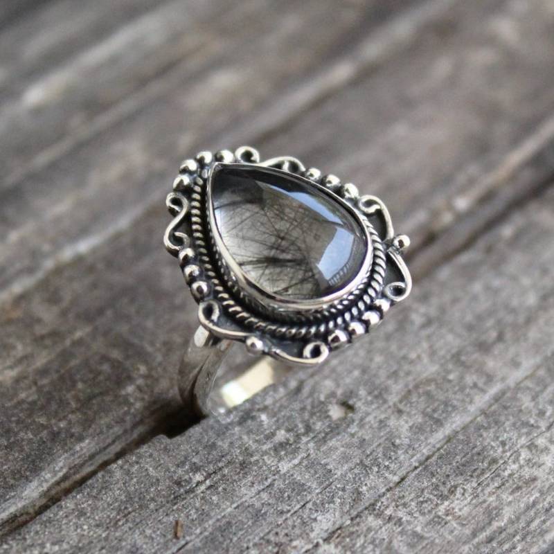 Rutilquarz-Ring, Turmalat-Quarz-Ring, Schwarzer Ring, Rutil-Ring, Rutilquarz-Schmuck von ArtsysilverCrafts