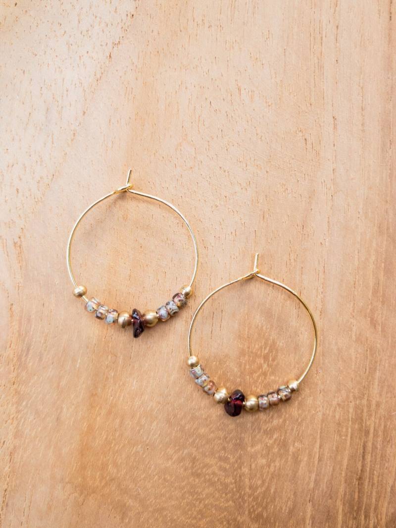 18 K Vergoldete Creolen Mit Granat - Edelstein Perlen- Messing Gold von ArtundWeiseShop