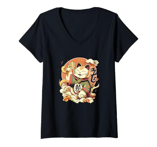 Damen Japan Winkekatze Maneki-neko Glückskatze Manekineko T-Shirt mit V-Ausschnitt von Artworkfire