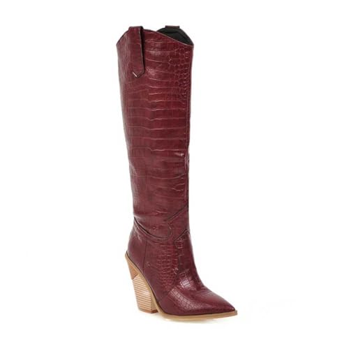 Artykey Cowboystiefel Damen Elegante Cowboy Boots Mode Reitstiefel Blockabsatz Knee Hohe Stiefel Schwarz Weiß Gelb von Artykey