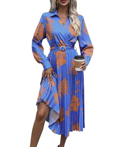 Artykey Damen V Ausschnitt Langarm Kleid Frühling Sommer Lässiges Kleid mit Krawatte in der Taille Vintage Täglich Midikleid Freizeitkleid Blue XL von Artykey