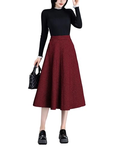 Damen Hohe Taille Karierter Lang Rock Winterrock Vintage Elegant Wollrock Midi Röcke A Linie Faltenrock 8858 Weinrot M von Artykey