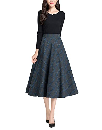 Damen Hohe Taille Karierter Rock Winterrock Vintage Elegant Plaid Warm Wollrock Lang Röcke Retro Elastische Taille A Linie Casual Party Midi Faltenrock Blue M von Artykey