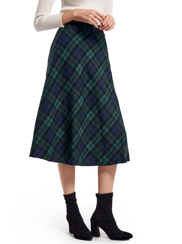 Damen Hohe Taille Karierter Rock Winterrock Vintage Elegant Plaid Warm Wollrock Lang Röcke Retro Elastische Taille A Linie Casual Party Midi Faltenrock Green L von Artykey