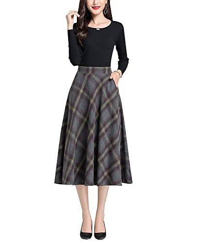 Damen Hohe Taille Karierter Rock Winterrock Vintage Elegant Plaid Warm Wollrock Lang Röcke Retro Elastische Taille A Linie Casual Party Midi Faltenrock Grey L von Artykey