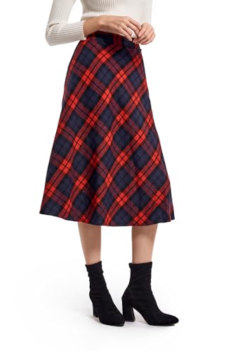 Damen Hohe Taille Karierter Rock Winterrock Vintage Elegant Plaid Warm Wollrock Lang Röcke Retro Elastische Taille A Linie Casual Party Midi Faltenrock Red L von Artykey