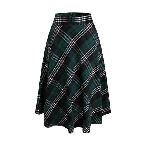 Damen Lang Rock Elegant Maxi Winterrock Plaid Warm Wollrock Hohe Taille Karierter röcke Herbst Elastische Taille Vintage A Linie Casual Midi Faltenrock 8030 Grün S von Artykey
