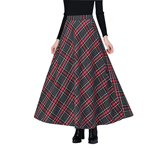 Damen Lang Rock Elegant Maxi Winterrock Plaid Warm Wollrock Hohe Taille Karierter röcke Herbst Elastische Taille Vintage A Linie Casual Midi Faltenrock A Grey Red XXL von Artykey