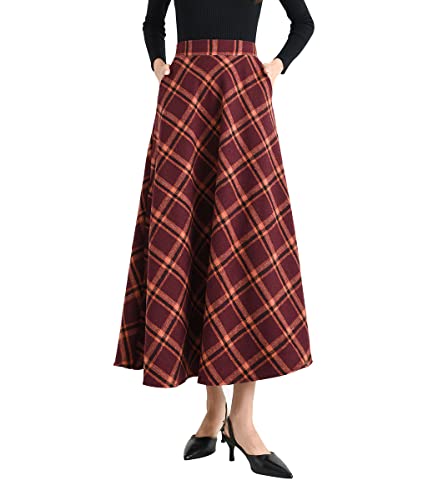 Damen Lang Rock Elegant Maxi Winterrock Plaid Warm Wollrock Hohe Taille Karierter röcke Herbst Elastische Taille Vintage A Linie Casual Midi Faltenrock A Orange L von Artykey