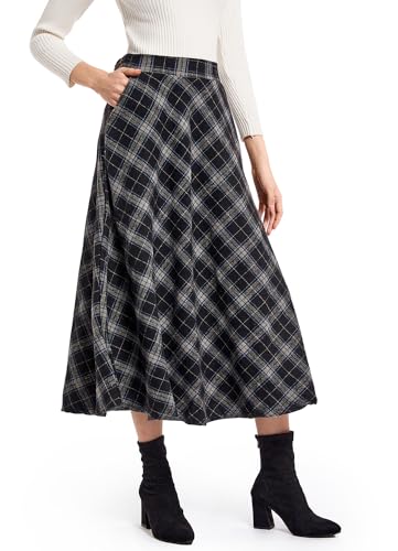 Damen Lang Rock Elegant Maxi Winterrock Plaid Warm Wollrock Hohe Taille Karierter röcke Herbst Elastische Taille Vintage A Linie Casual Midi Faltenrock E Black L von Artykey