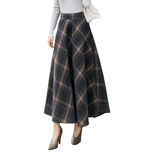 Damen Lang Rock Elegant Maxi Winterrock Plaid Warm Wollrock Hohe Taille Karierter röcke Herbst Elastische Taille Vintage A Linie Casual Midi Faltenrock F Dark Blue L von Artykey