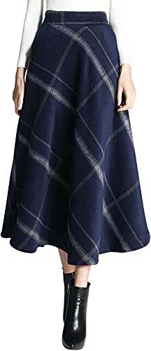 Damen Lang Rock Elegant Maxi Winterrock Plaid Warm Wollrock Hohe Taille Karierter röcke Herbst Elastische Taille Vintage A Linie Casual Midi Faltenrock G Dark Blue S von Artykey