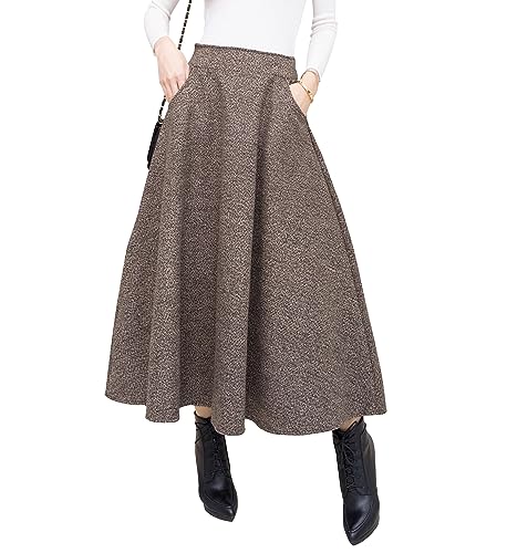 Damen Lang Rock Elegant Maxi Winterrock Plaid Warm Wollrock Hohe Taille Karierter röcke Herbst Elastische Taille Vintage A Linie Casual Midi Faltenrock H Brown L von Artykey