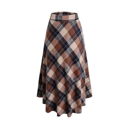 Damen Lang Rock Elegant Maxi Winterrock Plaid Warm Wollrock Hohe Taille Karierter röcke Herbst Elastische Taille Vintage A Linie Casual Midi Faltenrock 889 Khaki XXL von Artykey