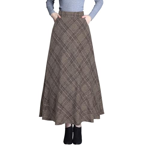Damen Lang Rock Elegant Maxi Winterrock Plaid Warm Wollrock Hohe Taille Karierter röcke Herbst Elastische Taille Vintage A Linie Casual Midi Faltenrock 890 Khaki XXL von Artykey
