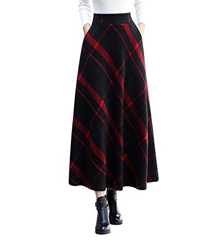 Damen Lang Rock Elegant Maxi Winterrock Plaid Warm Wollrock Hohe Taille Karierter röcke Herbst Elastische Taille Vintage A Linie Casual Midi Faltenrock Rot L von Artykey