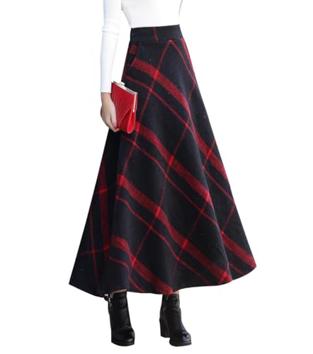 Damen Lang Rock Elegant Maxi Winterrock Plaid Warm Wollrock Hohe Taille Karierter röcke Herbst Elastische Taille Vintage A Linie Casual Midi Faltenrock Rot XL von Artykey