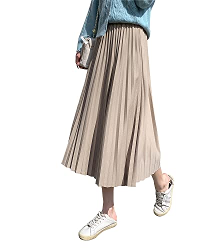 Damen Lang Rock Hohe Taille Faltenrock Vintage Elegant Midi röcke Elastische Taille A Linie Casual Party Warm Winterrock beige L von Artykey