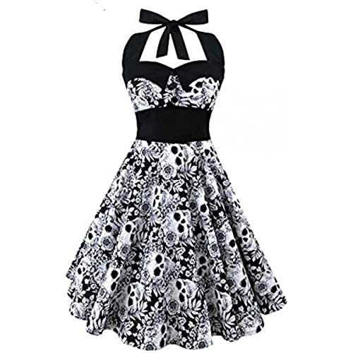 Damen Retro Elegant Skull Kleid Abendkleid Sommerkleid Neckholder Kleid mit Schädel Druck Swing Weinlese 50s Hepburn Partykleider Cocktailkleid Festkleid A Line Knielang Heimkehrkleid für Frauen XXL von Artykey