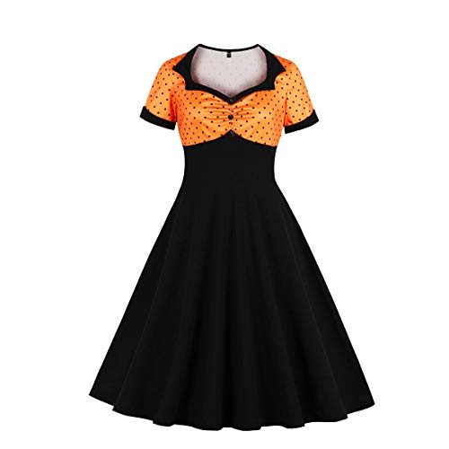 Damen Vintage Retro 1950er Elegant Party Knielang Cocktailkleid Rockabilly Dot Kurzarm Swing Kleid Orange 4XL von Artykey