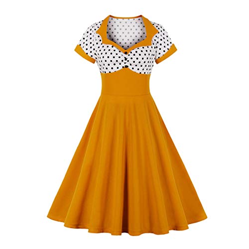 Damen Vintage Retro 1950er Elegant Party Knielang Cocktailkleid Rockabilly Dot Kurzarm Swing Kleid Yellow 2XL von Artykey