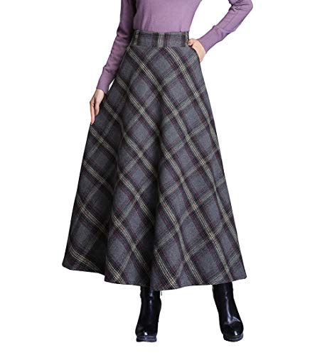 Damen Winter Langen Rock Vintage Karierter Warm Wollrock Hohe Taille Maxi röcke Retro Elegant Herbst Elastische Taille A Linie Casual Party Midi Faltenrock S-3XL Grey XL von Artykey