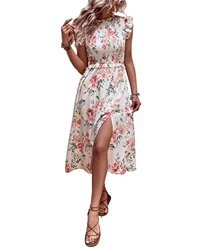 Kleid Damen Sommer Boho Lang Rüschenkragen Wickelkleid Ärmellos Blumen Cocktailkleid Rüschen Maxikleid Partykleid Strandkleid Freizeitkleid Pink S von Artykey