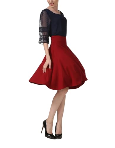 Midi Rock Damen Hohe Taille Elegant A-Linie Knielang Röcke Freizeitrock Rockabilly Cocktail Skirt Rotwein L von Artykey